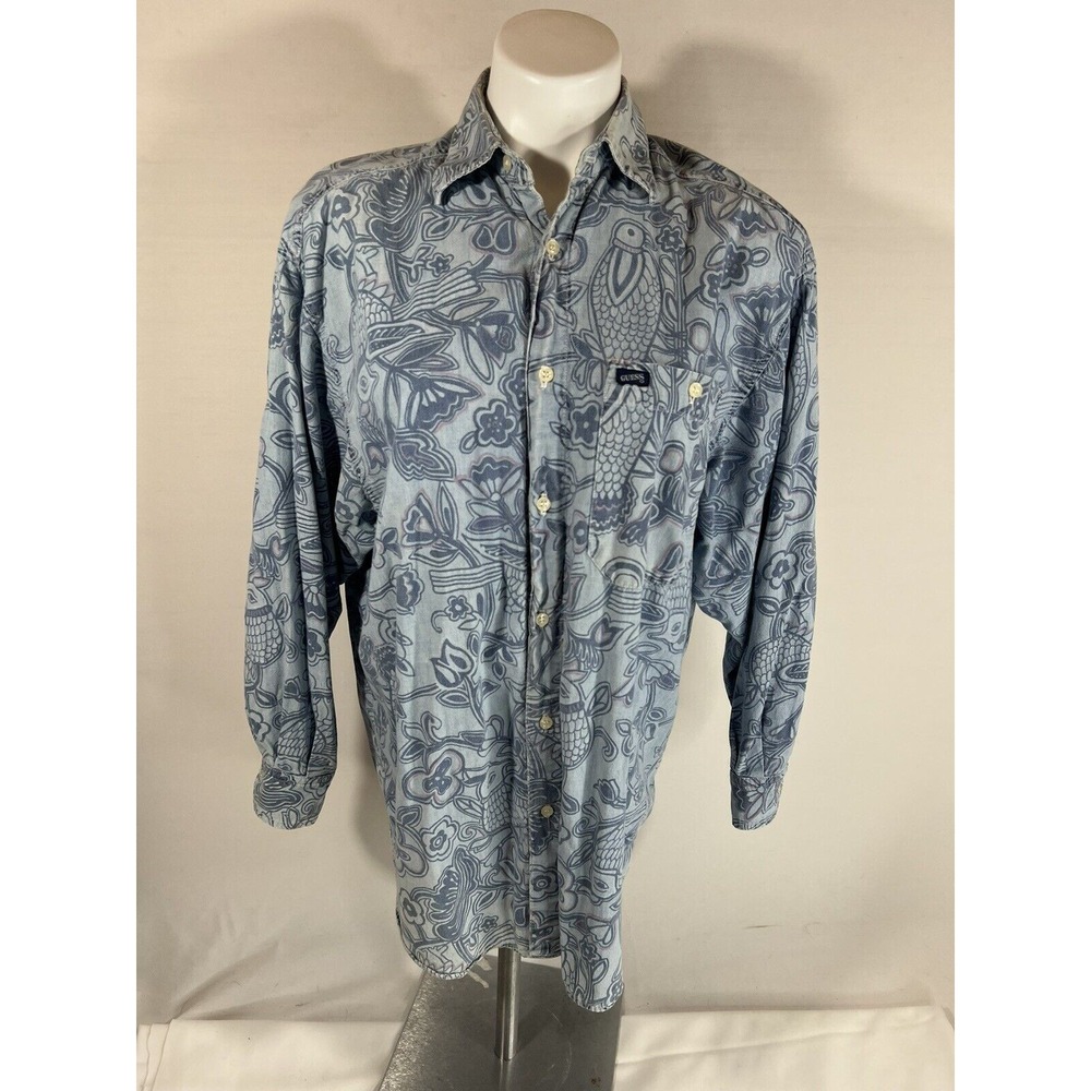 Guess Shirt Button Up Womens 2 Blue Cotton Floral Aloha Y2K Retro Streetwear